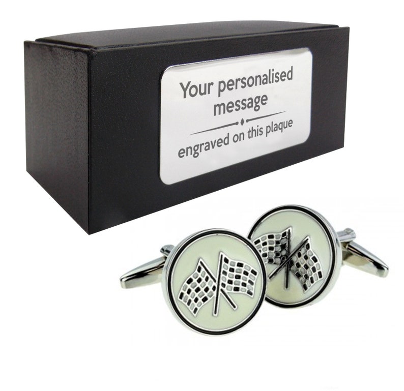 presentation box with PERSONALISED ENGRAVED plate Chequered flag F1 racing CUFFLINKS birthday gift idea 225