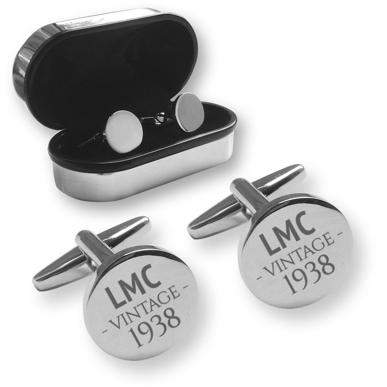 RC-V80 chrome coloured presentation box Personalised engraved 80TH BIRTHDAY round cufflinks gift