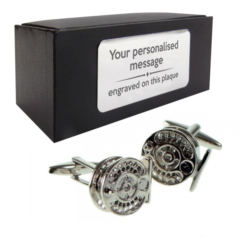 317 fisherman CUFFLINKS birthday gift idea Fishing reel angler angling presentation box with PERSONALISED ENGRAVED plate
