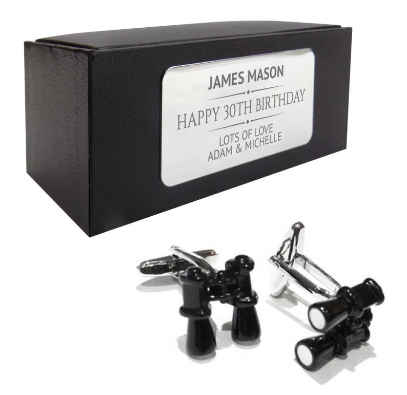 Binoculars bird twitcher CUFFLINKS birthday gift 346 presentation box PERSONALISED ENGRAVED plate