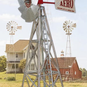 May include: An Aero Windmill Model 12-B assembly kit. The image shows a metal windmill with a red accent, designed in 1946. The text reads "Made in USA" and "Assembly Kit for ages 13 and over."