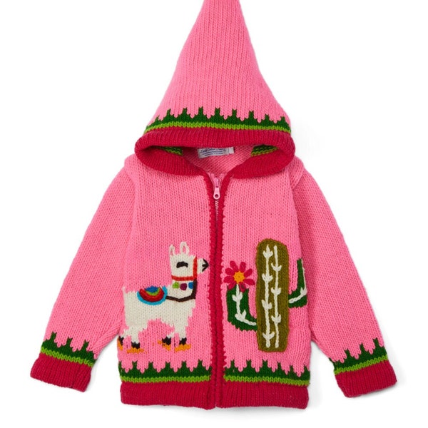 Pinke Happy Lama und Kaktus Wolljacke für Mädchen mit Kapuze und Taschen. Kaktus Garten Feld. Kinder Strick Wollpullover.