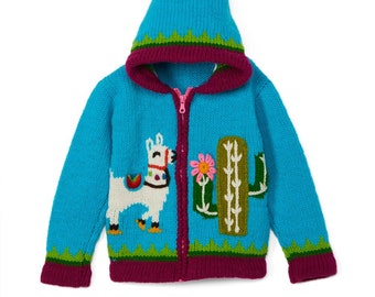 Handmade Wool Girls' Sweater: Blue Llama Cactus Knit Hoodie