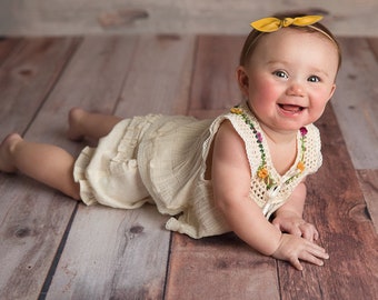 Baby Girl Dress and Ruffle Bloomers- Boho baby set- natural cotton handmade bloomer and top set- boho baby shower. Cinco de Mayo.