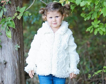 Snow White Wool Jacket for Girl. Cable Handmade Knit Sweater- Fisherman Aran Style Coat Handmade with 100% Wool