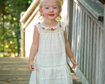 Summer Natural Floral Boho Dress for Baby & Girl -Vanilla Handmade Cotton Dress - Ecru Crochet Yoke Beach Dress