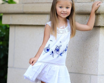 Greek Island Inspired Style Dress with Crochet Neckline and Embroidered Skirt. Mediterranean Ceramic Azur