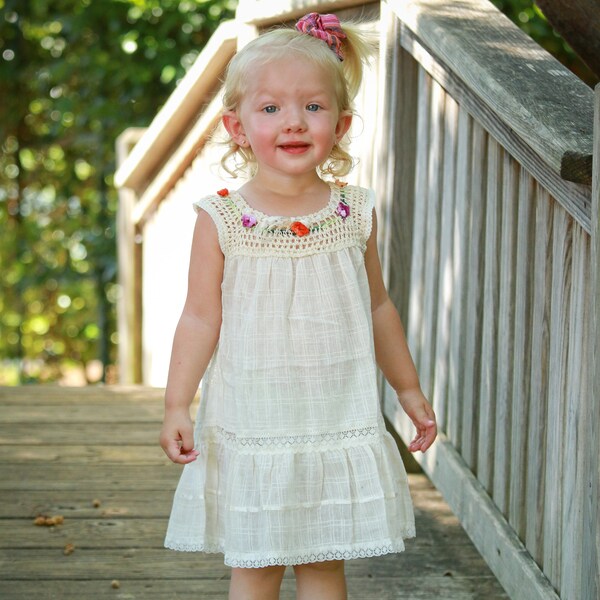 Summer Natural Floral Boho Dress for Baby & Girl -Vanilla Handmade Cotton Dress - Ecru Crochet Yoke Beach Dress