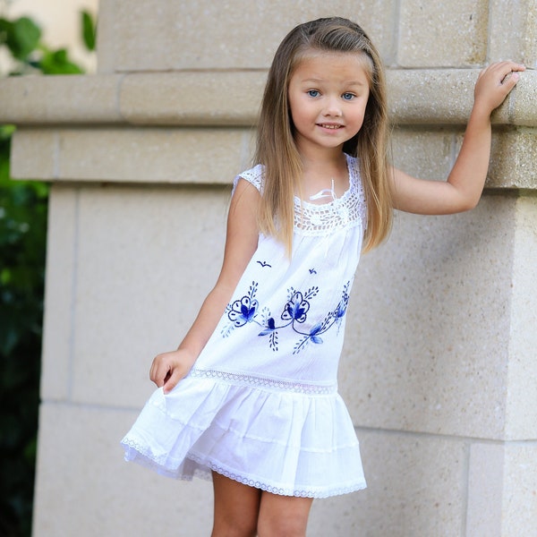 Greek Island Inspired Style Dress with Crochet Neckline and Embroidered Skirt. Mediterranean Ceramic Azur