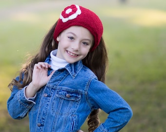 Handmade Cherry Wool Crochet Headband with Flower - Winter Ear Warmer