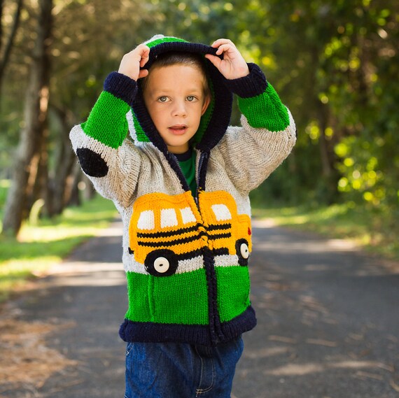 School Bus Wool Sweater With Hoodie and Pockets. Boy s Yellow Bus