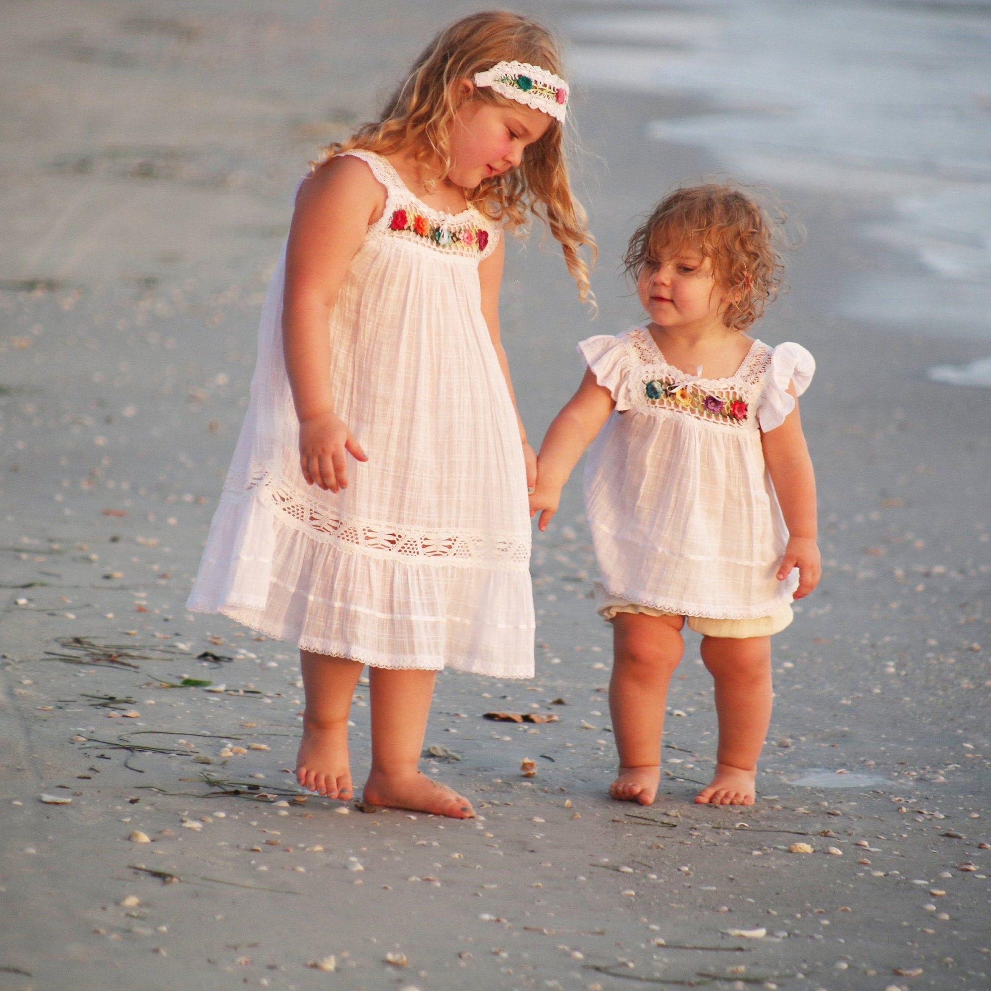 Bohemian Cotton Heirloom Dress with Crochet Flowers for Girl