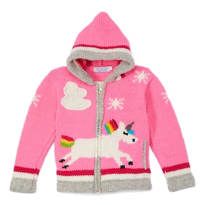 Pink or Blue Unicorn Wool Jacket for Girls with Hoodie and Pockets. Rainbow and Clouds Children&#39;s Knit Wool Sweater.