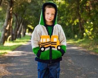 School Bus Wool Sweater with Hoodie and Pockets. Boy's Yellow Bus Jacket. Children's Knit Wool Sweater.
