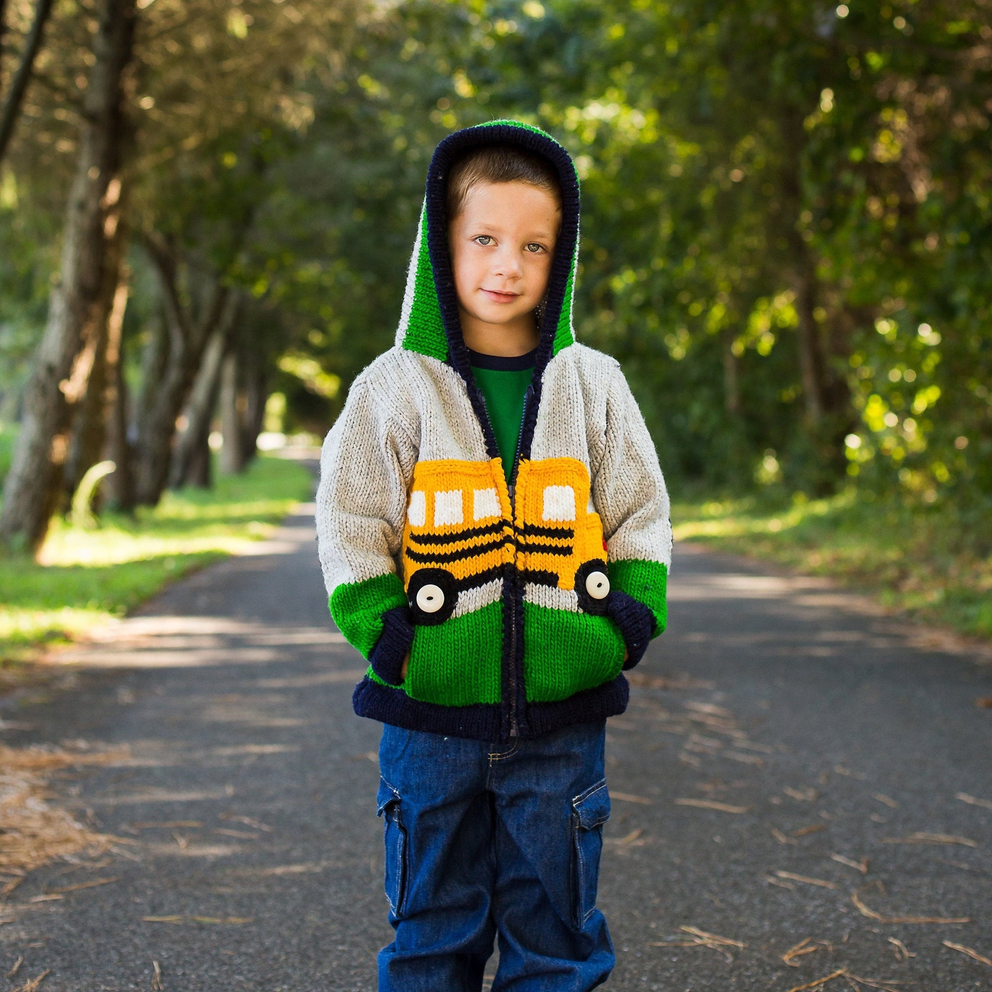 Handmade Wool School Bus Sweater: Boys Knit Hoodie Jacket