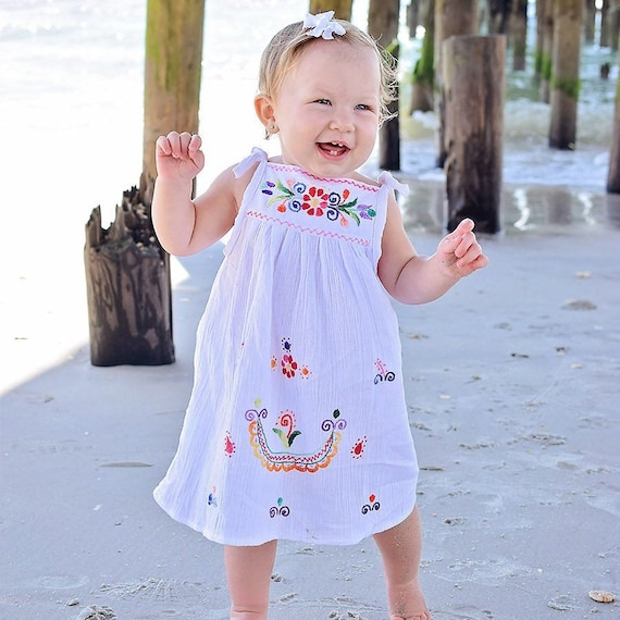 Floral Embroidered Cotton Dress for Baby and Girl Pinafore Style Cinco de Mayo
