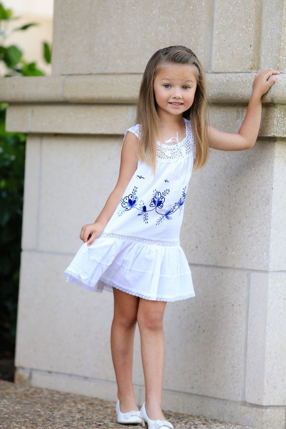 Greek Island Inspired Style Dress with Crochet Neckline and Embroidered Skirt. Mediterranean Ceramic Azur
