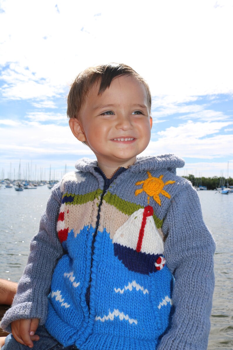 Lighthouse Marina and boat. Nautical Wool Boy Jacket with Hoodie and Pockets Clothing Boys Clothing Baby Boys Clothing Jumpers 