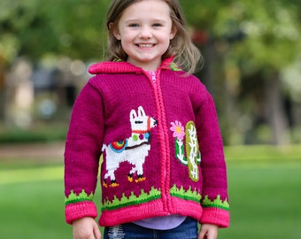 Berry Happy Llama and Cactus Wool Jacket for Girls with Hoodie and Pockets. Cactus Garden Field. Children's Knit Wool Sweater.