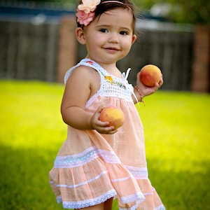 Sweet Peach Floral Boho Dress for Baby & Girl -Apricot Handmade Cotton Dress - Blush Crochet Yoke