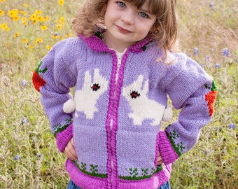 Rabbit and Carrot Wool Jacket for Girls with Hoodie and Pockets. Violet Bunny/ Rabbit Field. Children's Knit Wool Sweater.