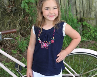 Butterfly Navy Cotton Top for Girl Toddler- Hand Embroidered