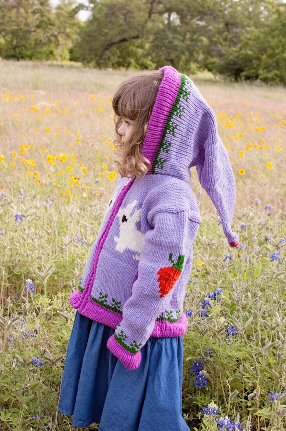 Rabbit and Carrot Wool Jacket for Girls With Hoodie and Pockets. Violet Bunny Rabbit Field. Children s Knit Wool Sweater. Etsy Canada