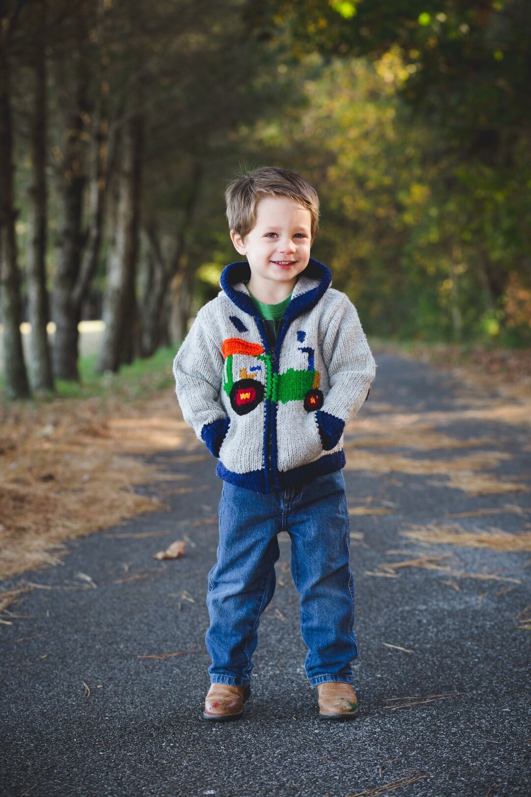 Jaqueta de trator de lã feita à mão com capuz e bolsos, suéter