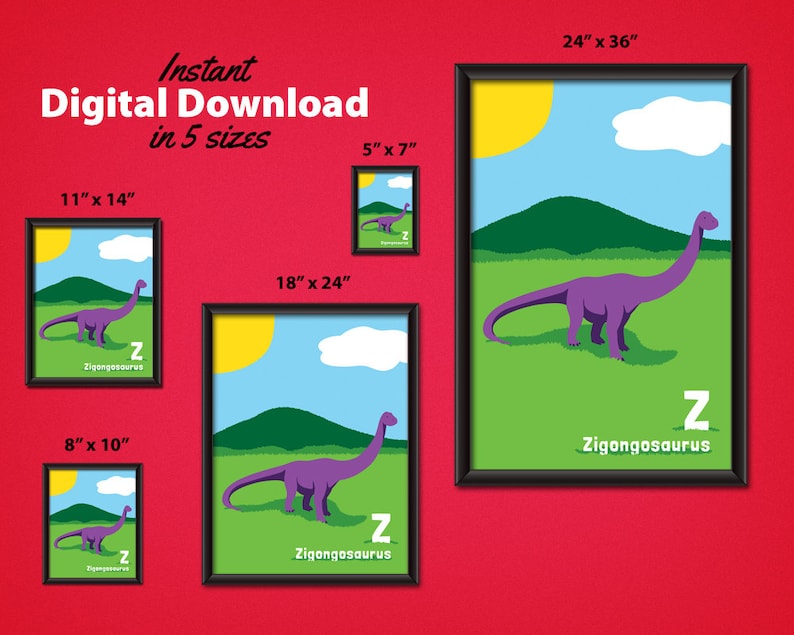dinosaur alphabet poster zigongosaurus digital download etsy