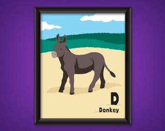 Animal Alphabet Poster - Donkey - DIGITAL DOWNLOAD - Kids & Nursery Room Decor - Printable Safari Wall Art - Wildlife ABC - The Letter D