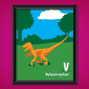 DESCARGAR cartel alfabeto de dinosaurios - Velociraptor - DIGITAL - niños y guardería sala Decor - imprimible Dino pared arte - ABC Jurásico - letra V