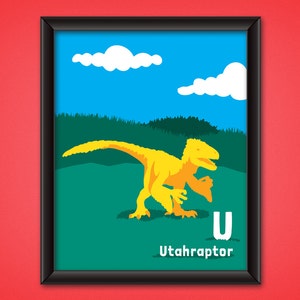 Dinosaur Alphabet Poster - Utahraptor - DIGITAL DOWNLOAD - Kids & Nursery Room Decor - Printable Dino Wall Art - Jurassic ABC - Letter U