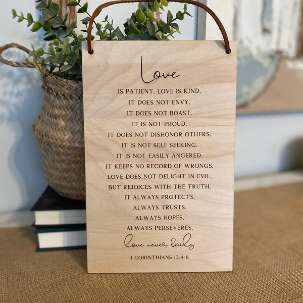 Love never fails 1 Corinthians 13:4-8, Minimalistic Art, Laser Engraved Scripture Wood Wall Hanging, Modern Christian Tapestry Home Decor