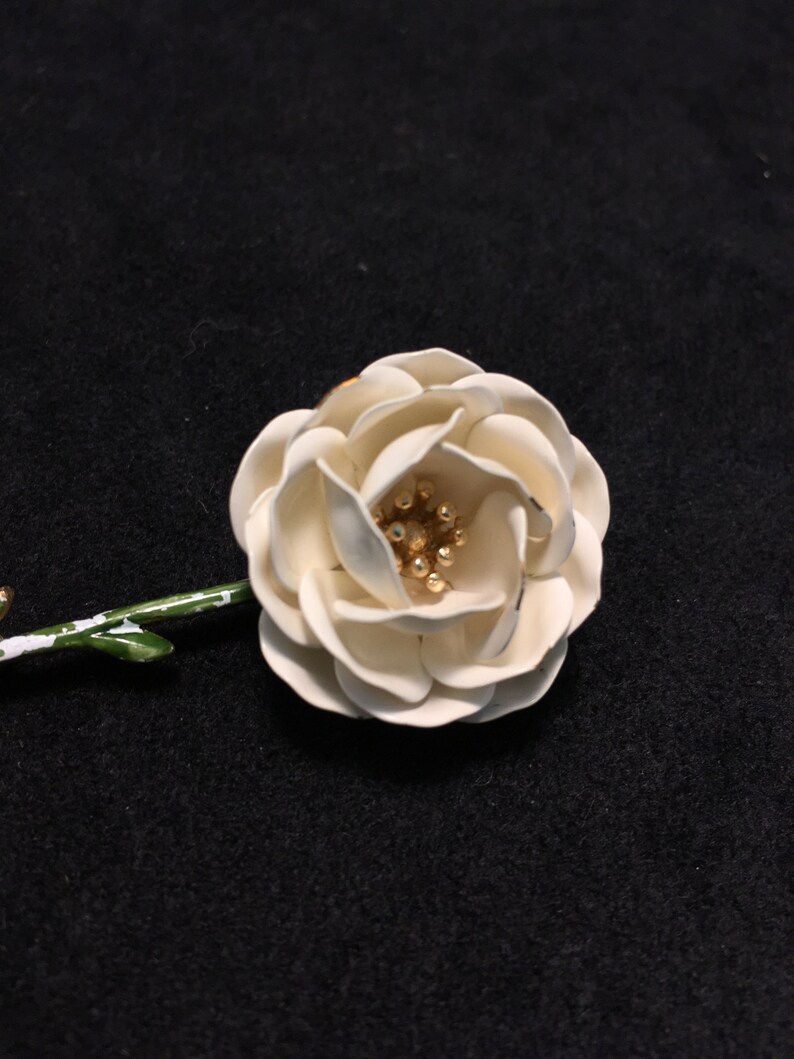 Crown Trifari Long Stem White Rose Brooch with Green Enamel Stem