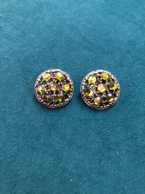 Vintage Signed Weiss Round Green Clip-On Earrings - image 1