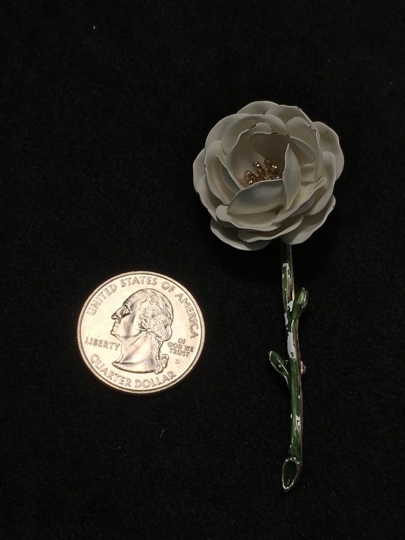 Crown Trifari Long Stem White Rose Brooch with Green Enamel Stem