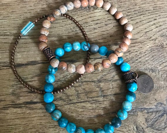 SALE - DISCONTINUED - Wristocracy - Matte Blue Agate, Grainstone & Copper Bracelets - (set of 3)