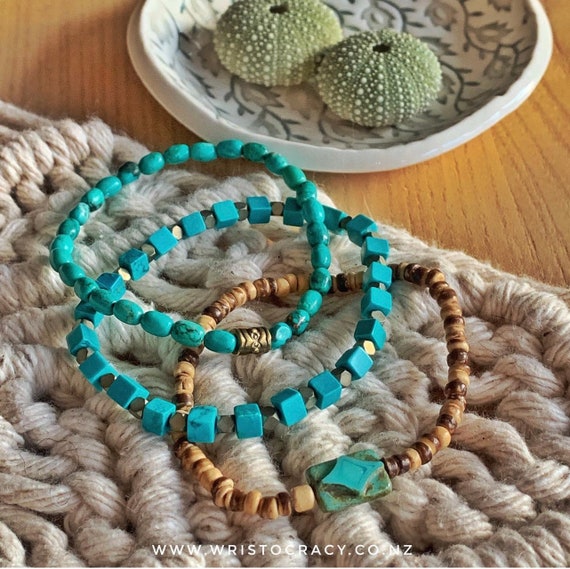 LAST SET - SALE - Discontinued - Wristocracy -  Green Turquoise, Coconut Heishi and Hematite cube