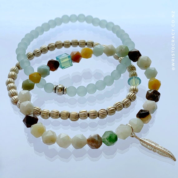 SALE - DISCONTINUED Wristocracy - Black Gold Amazonite, Recycled Glass & Silver Plate (set of 3)