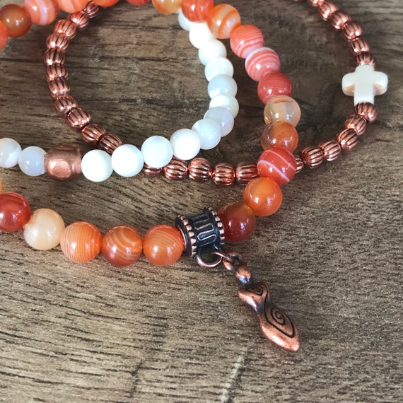SALE - DISCONTINUED - Wristocracy -  Striped Agate, Mother of Pearl, Copper Bracelets with cross and goddess focal (set of 3)