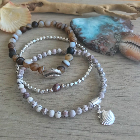 SALE - DISCONTINUED - Wristocracy - Striped Brown Agate, Matte White Turquoise Jasper & Silver Plate (Set of 3)