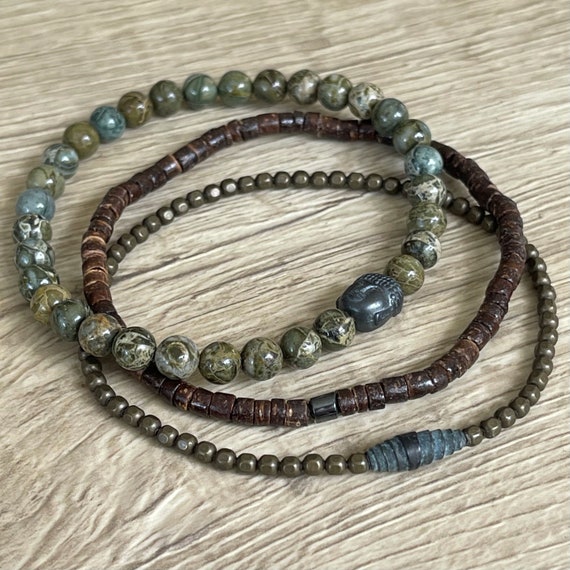 SALE - DISCONTINUED - Wristocracy - Brecciated Green Jasper, Brass and Coconut Heishi (Set of 3)