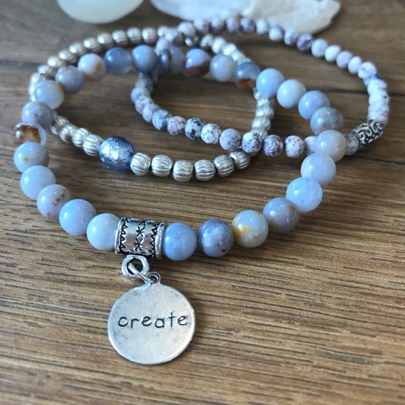 SALE - DISCONTINUED - Wristocracy - Chalcedony, Matte White Turquoise Jasper & Silver Plate Bracelets (set of 3)