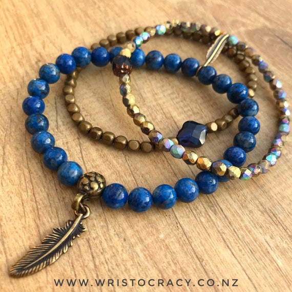 DISCONTINUED Wristocracy - Warm Toned Lapis Lazuli, Brass & Etched Czech Glass  (set of 3)