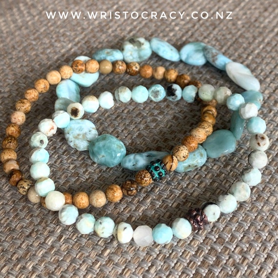SALE - DISCONTINUED - (one left) - Wristocracy - Tumbled Larimar, faceted Larimar and matte Picture Jasper (set of 3)