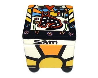Personalized Cat Urn Box | Hand Painted Abstract Ceramic Pet Cremation Keepsake | Custom Feline Memorial | Whimsical Pet Tribute Feline Urn