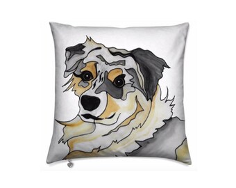 Custom dog memorial pillow with personalization. Australian Shepherd remembrance pillow with name and time on earth.