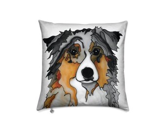 Custom dog memorial pillow with personalization. Australian Shepherd remembrance pillow with name and time on earth.