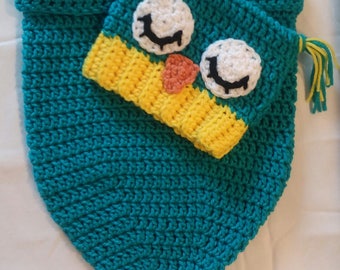 Crochet Teal Owl Cocoon with Hat - Newborn Owl Cocoon with Hat - Owl Cocoon with Hat - Handmade Owl Cocoon with Hat