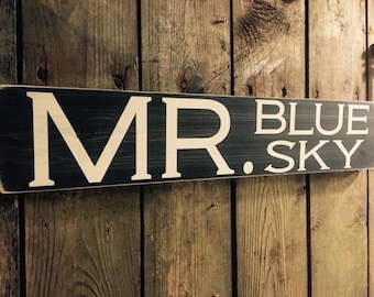 ELO Mr Blue Sky Sign wooden Plaque Vintage Old wood hand painted personalised kitchen garden shed home gift retro shabby chic rustic